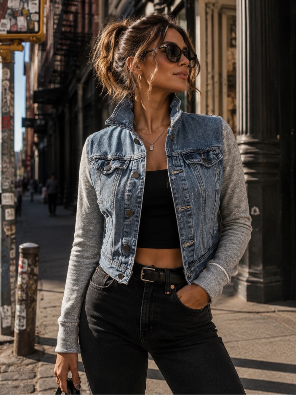 FREE PEOPLE Distressed Washed Denim Jacket with Heathered Gray Sleeves, XS